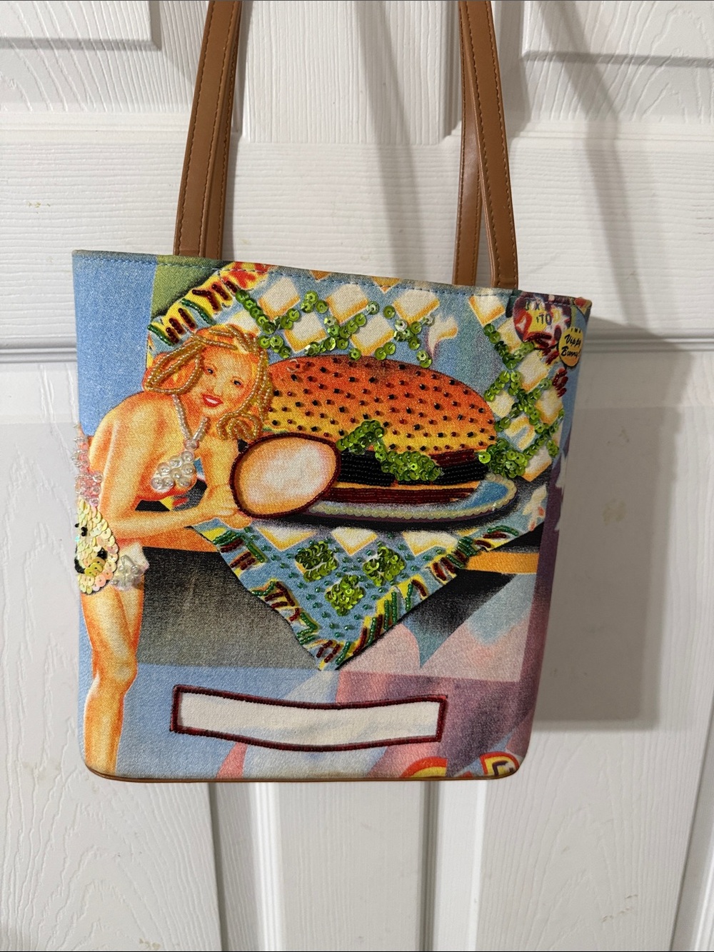 Vintage-Inspired Pin-Up Print Tote Bag with Tan Handles
